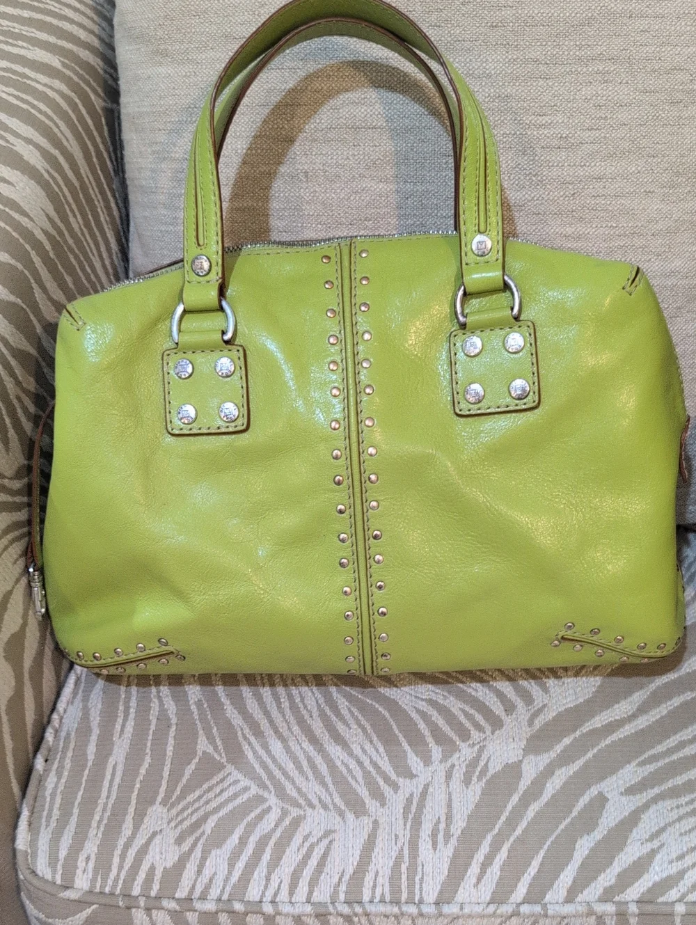 Vintage 2005 Michael Kors Astor Studded  Satchel  In Lime Green